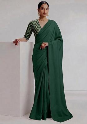 Bottle Green Silk Blend Pre Draped Saree Set