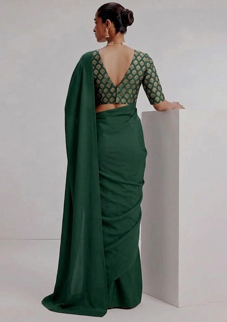 Bottle Green Silk Blend Pre Draped Saree Set - Indya