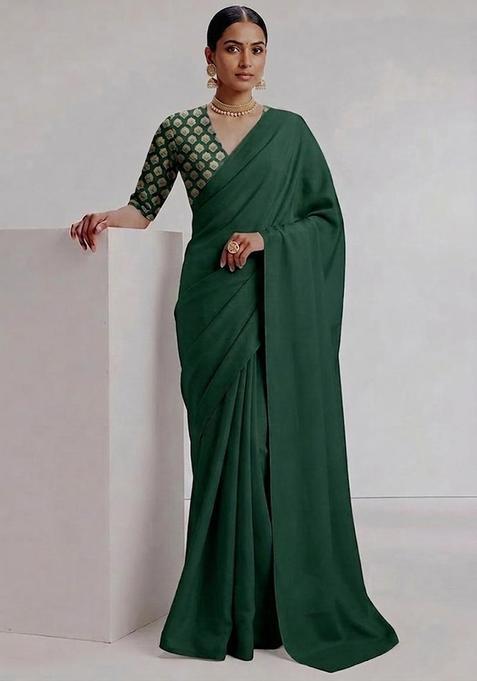 Bottle Green Silk Blend Pre Draped Saree Set