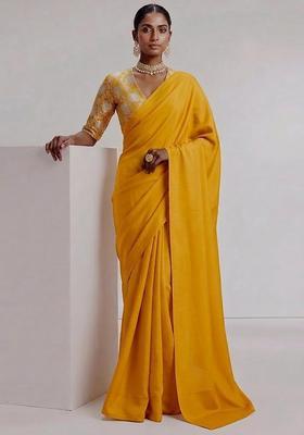 Yellow Zari Silk Blend Pre Draped Saree Set