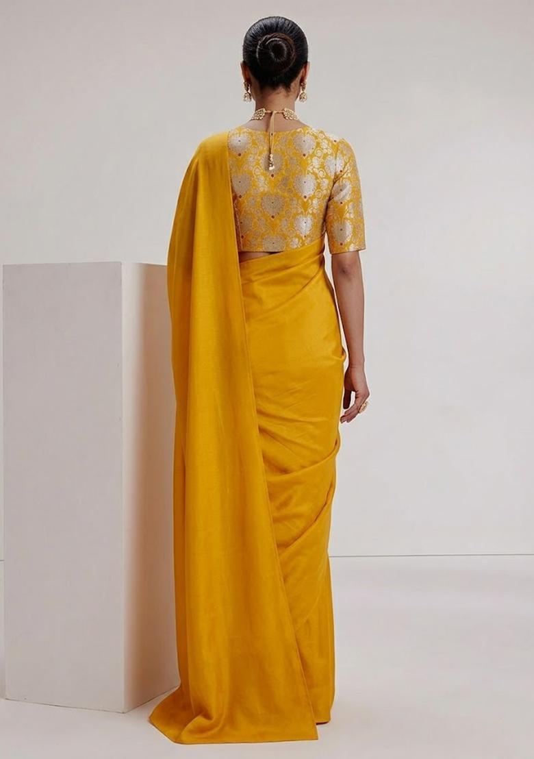 Yellow Zari Silk Blend Pre Draped Saree Set - Indya