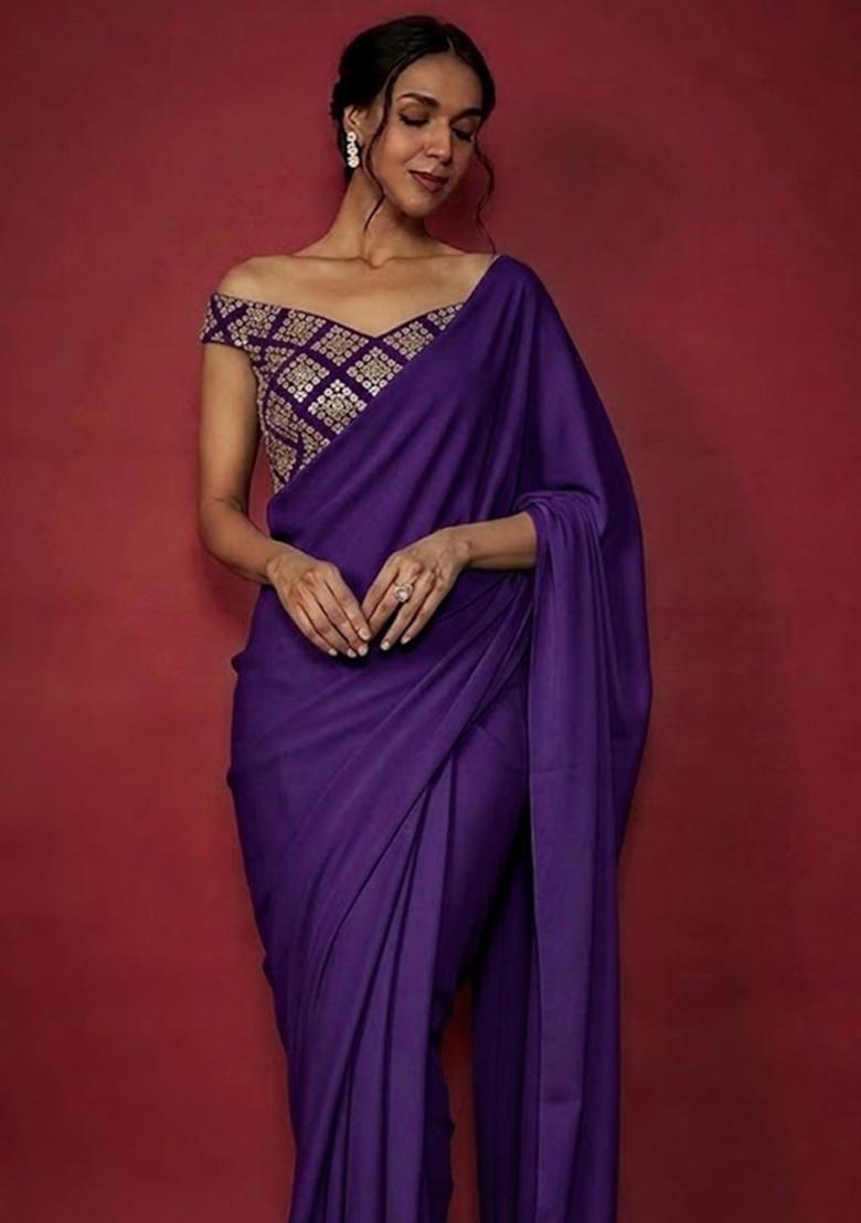 Purple Embroidered Crepe Pre Draped Saree Set - Indya