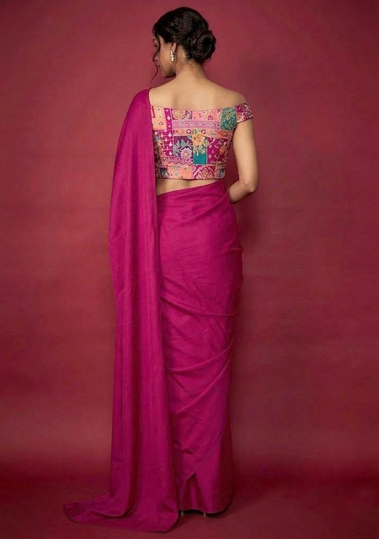 Rani Pink Printed Crepe Pre Draped Saree Set - Indya