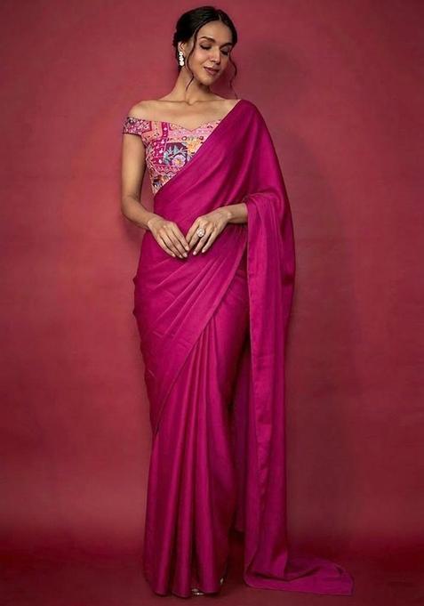 Rani Pink Printed Crepe Pre Draped Saree Set