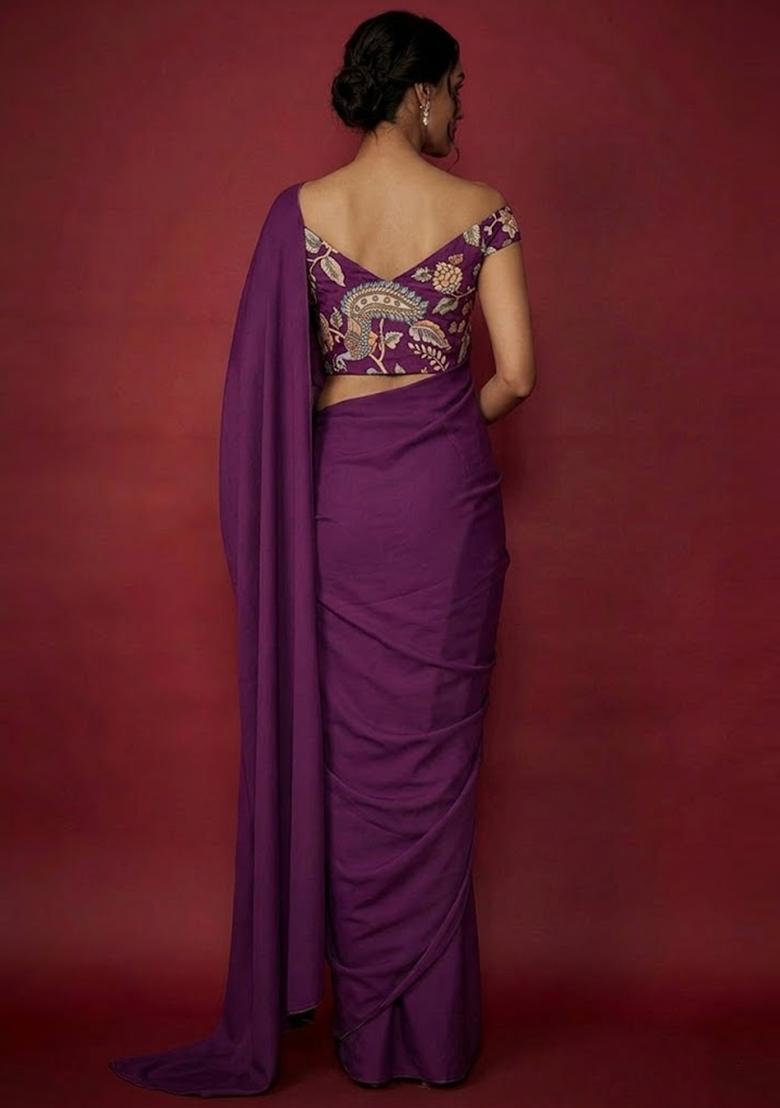 Magenta Pink Printed Silk Blend Pre Draped Saree Set - Indya