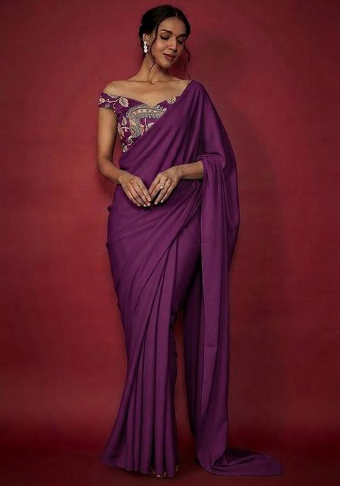 Magenta Pink Printed Silk Blend Pre Draped Saree Set