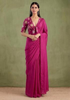 Rani Pink Embroidered Chanderi Pre Draped Saree Set