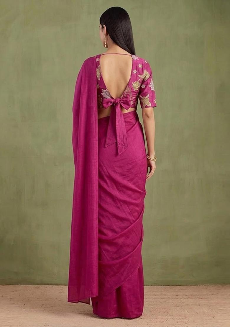 Rani Pink Embroidered Chanderi Pre Draped Saree Set - Indya