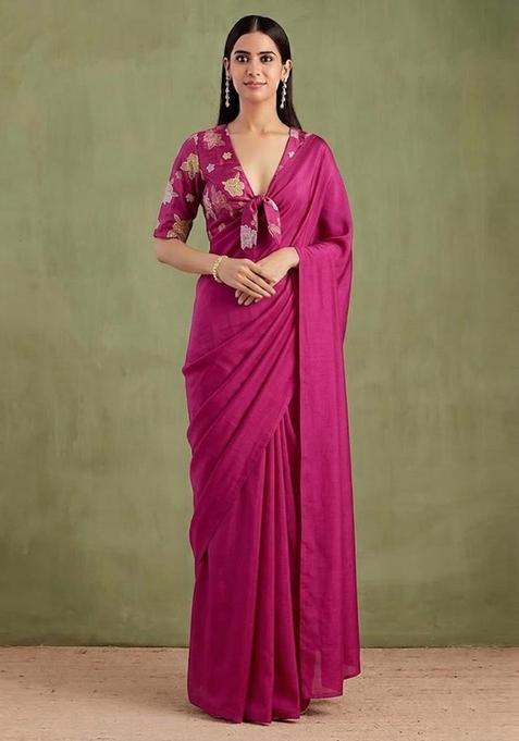 Rani Pink Embroidered Chanderi Pre Draped Saree Set