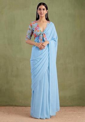 Blue Printed Chanderi Pre Draped Saree Set