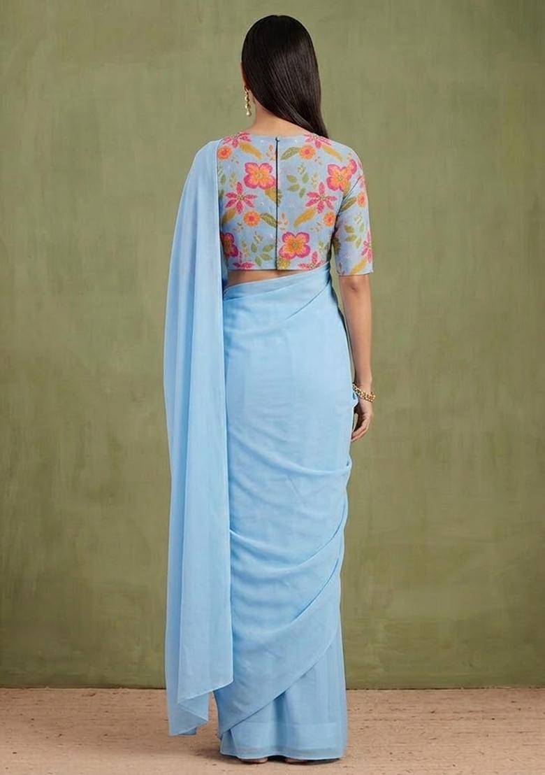 Blue Printed Chanderi Pre Draped Saree Set - Indya