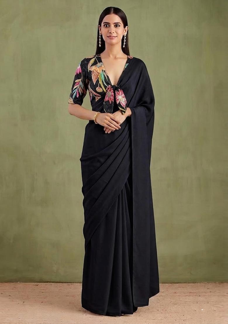 Black Printed Crepe Pre Draped Saree Set - Indya