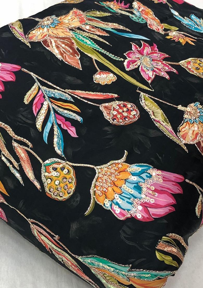 Black Printed Crepe Pre Draped Saree Set - Indya