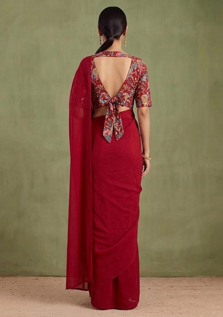 Red Printed Crepe Pre Draped Saree Set - Indya