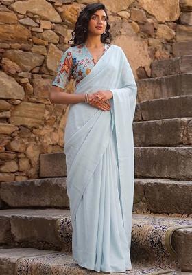 Blue Printed Organza Pre Draped Saree Set