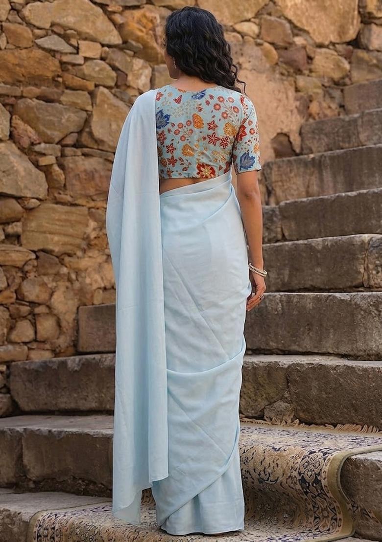 Blue Printed Organza Pre Draped Saree Set - Indya