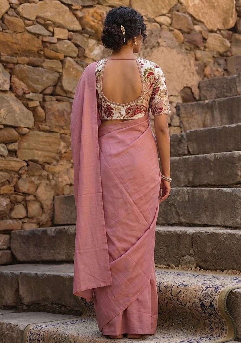 Pink Printed Crepe Pre Draped Saree Set - Indya
