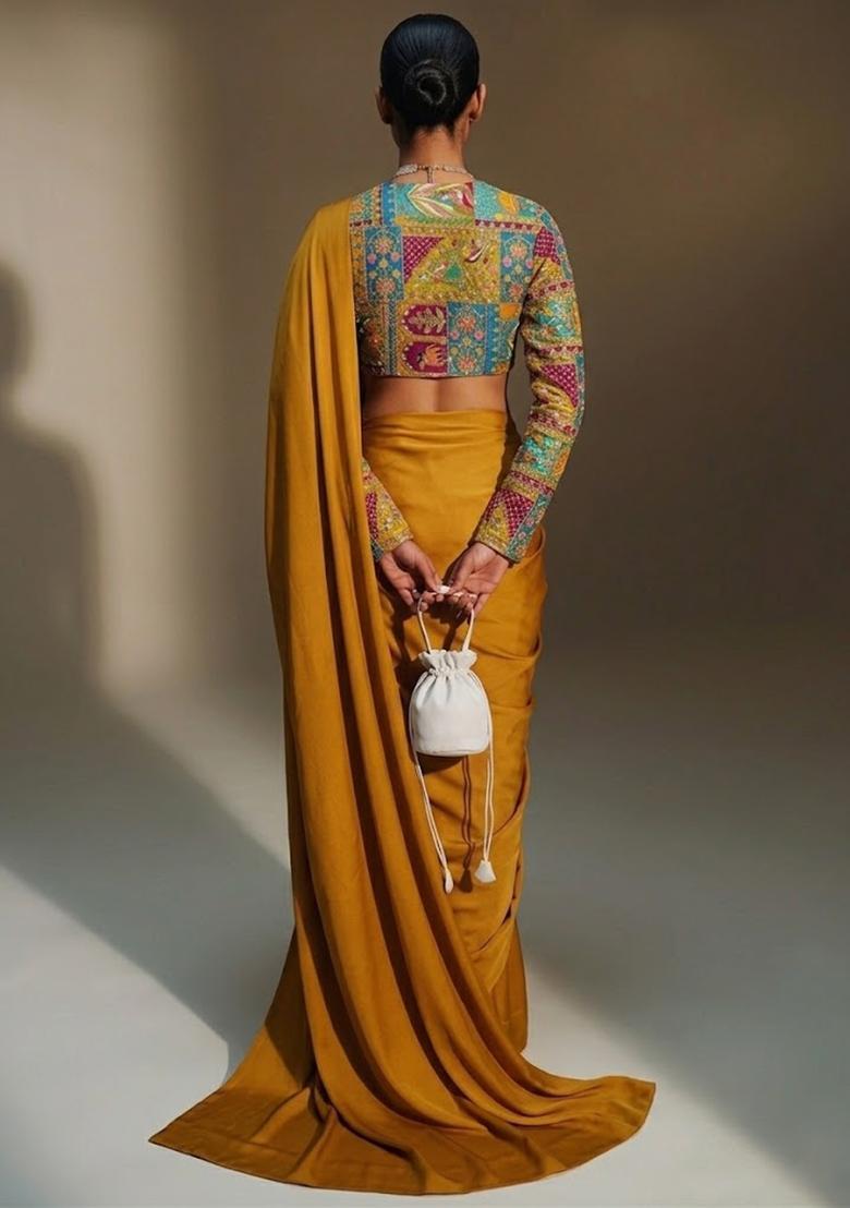 Yellow Printed Crepe Pre Draped Saree Set - Indya