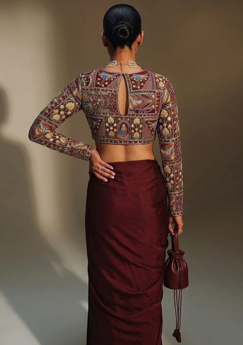 Maroon Printed Crepe Pre Draped Saree Set - Indya