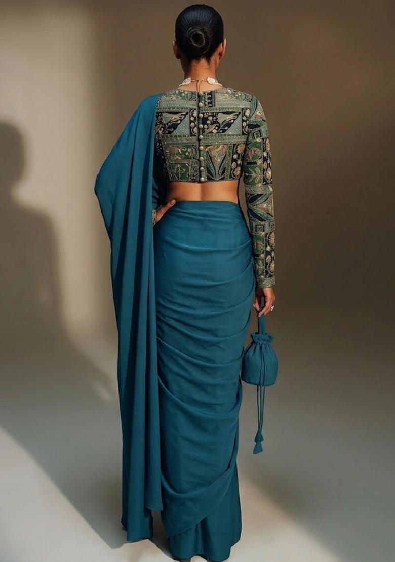 Teal Printed Crepe Pre Draped Saree Set - Indya