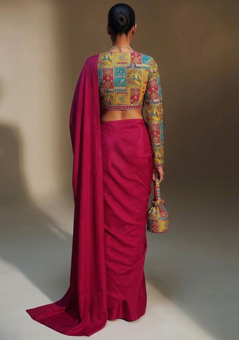 Pink Printed Crepe Pre Draped Saree Set - Indya