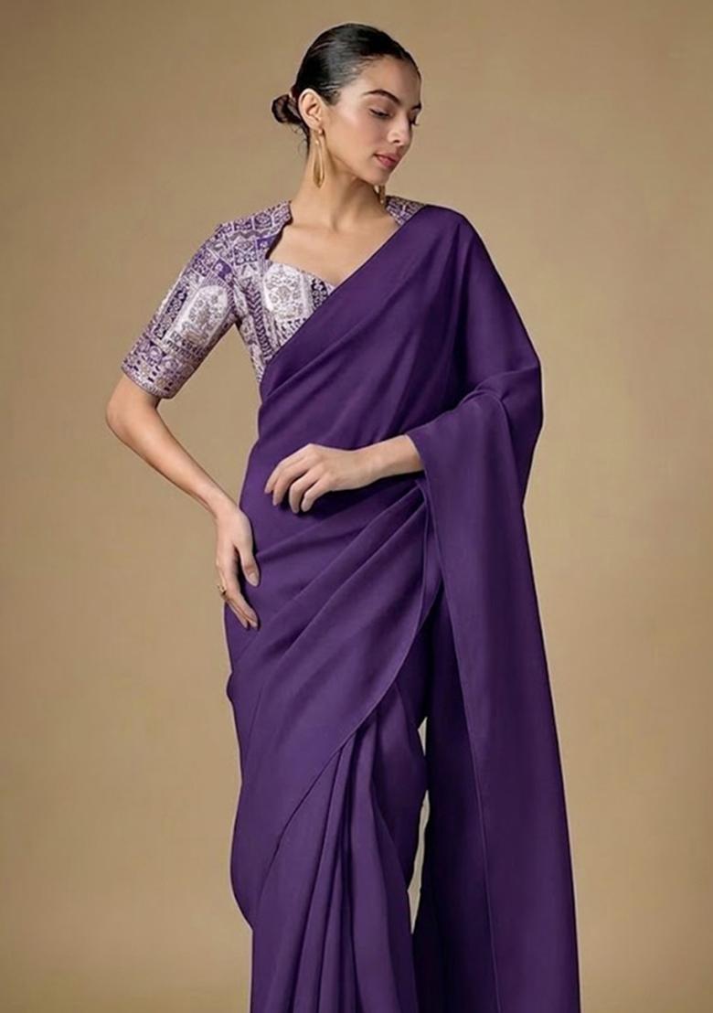 Purple Printed Crepe Pre Draped Saree Set - Indya