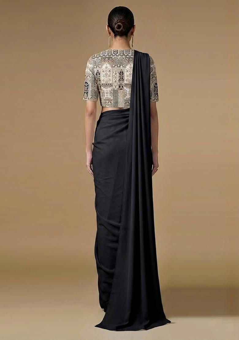 White Printed Crepe Pre Draped Saree Set - Indya