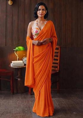 Orange Printed Organza Pre Draped Saree Set