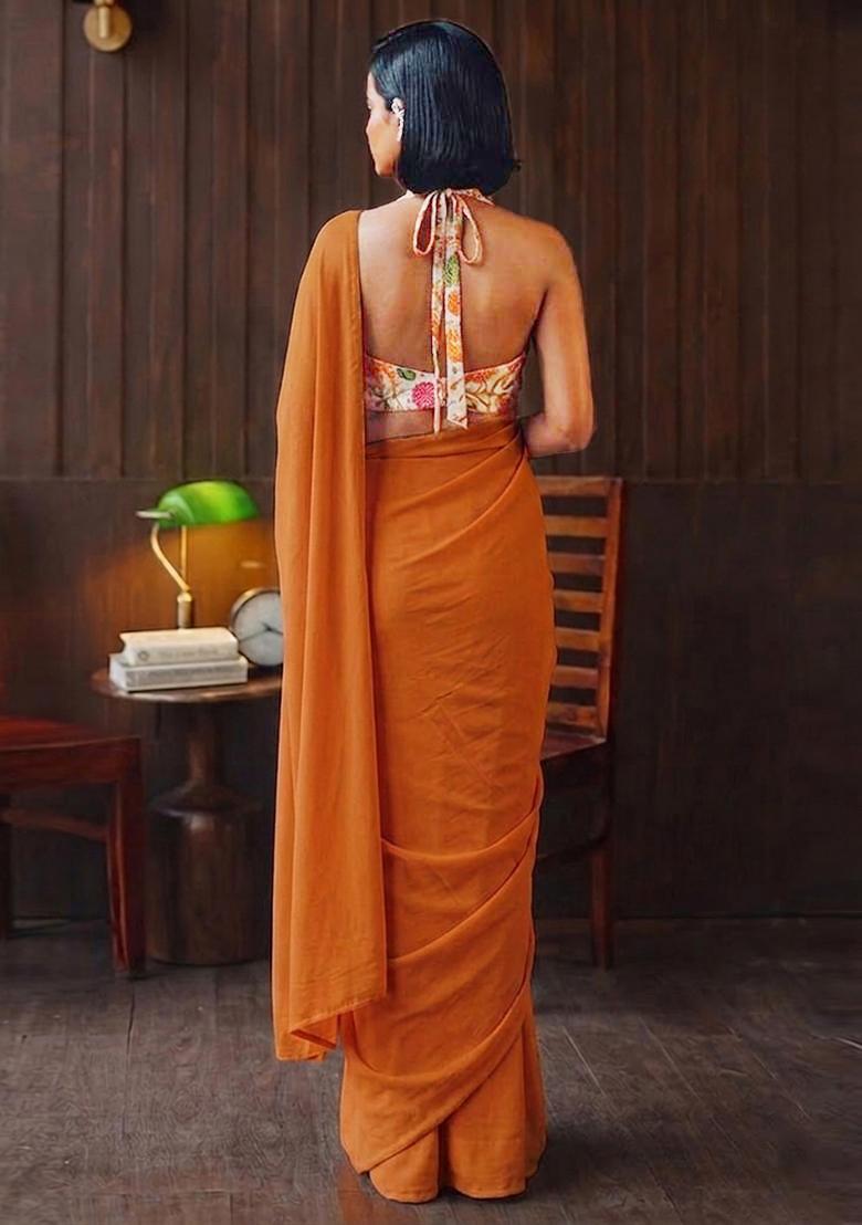 Orange Printed Organza Pre Draped Saree Set - Indya