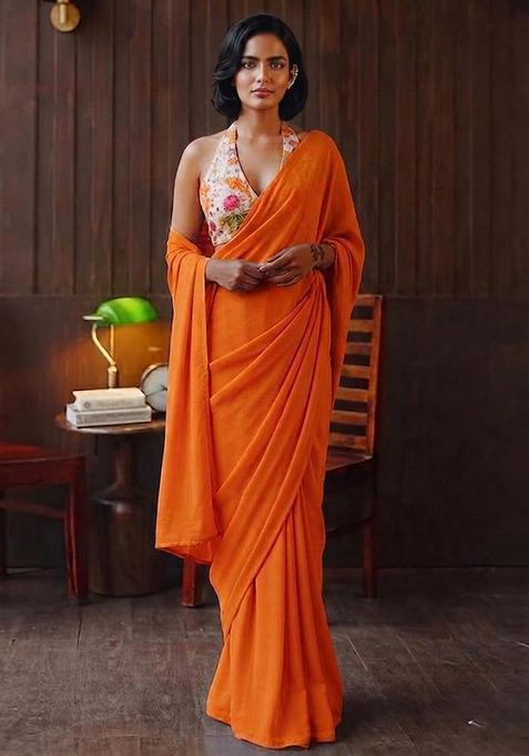 Orange Printed Organza Pre Draped Saree Set