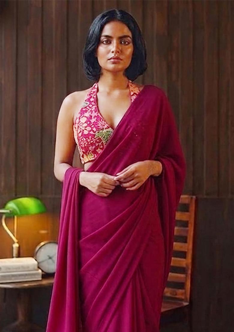 Pink Printed Organza Pre Draped Saree Set - Indya