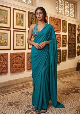 Deep Wine Printed Organza Pre Draped Saree Set