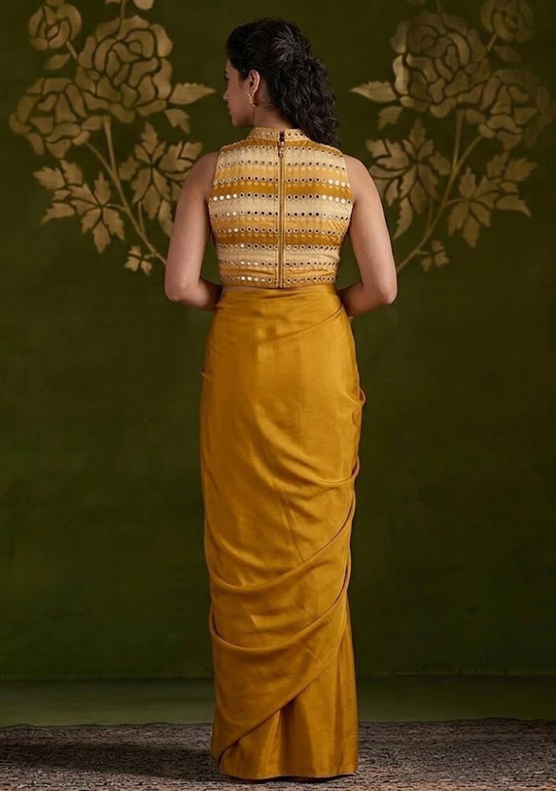 Mustard Printed Organza Pre Draped Saree Set - Indya