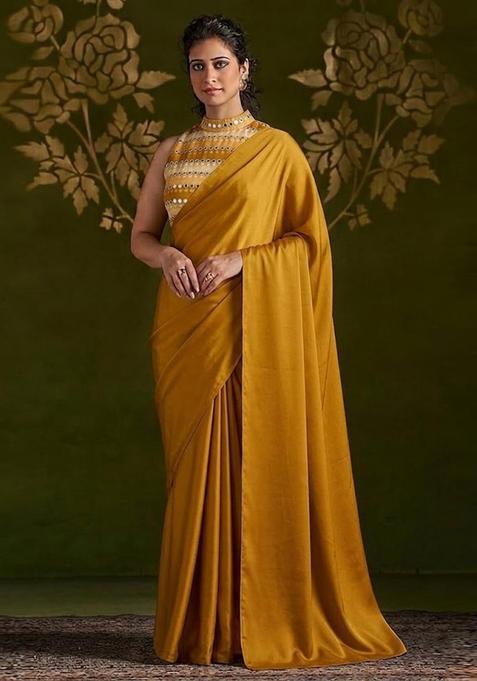 Mustard Printed Organza Pre Draped Saree Set