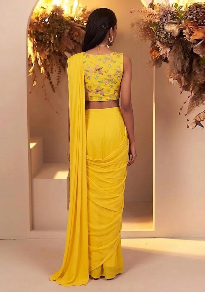 Yellow Embroidered Chanderi Pre Draped Saree Set - Indya