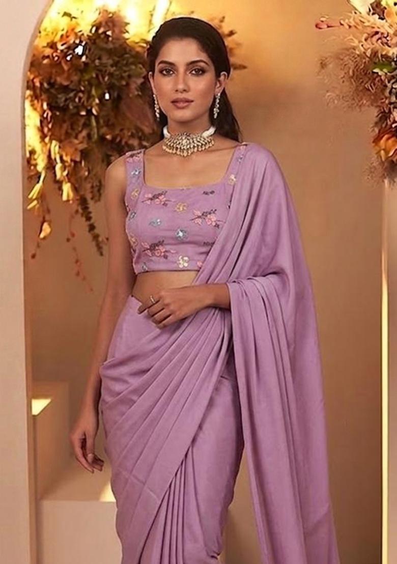Pink Embroidered Chanderi Pre Draped Saree Set - Indya