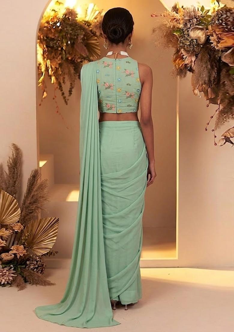 Mint Green Embroidered Chanderi Pre Draped Saree Set - Indya