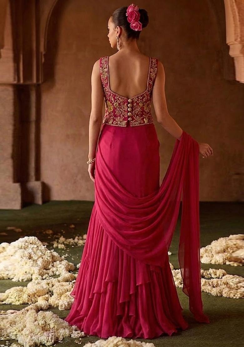 Pink Embroidered Crepe Pre Draped Saree Set - Indya
