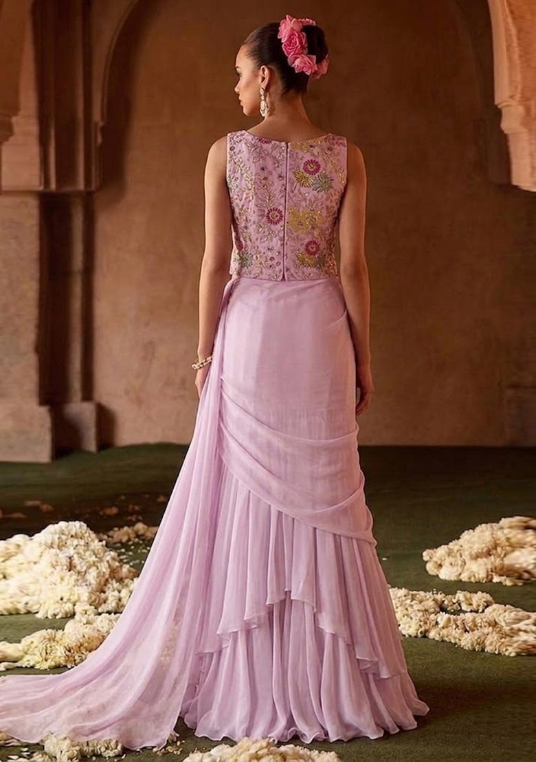 Soft Pink Embroidered Crepe Pre Draped Saree Set - Indya