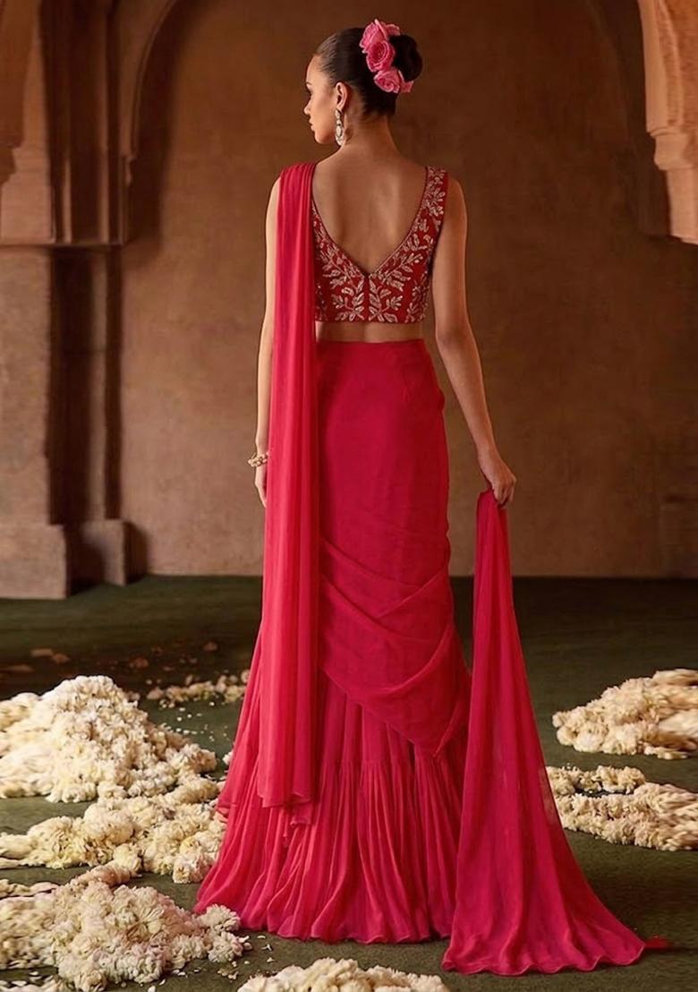 Crimson Red Embroidered Crepe Pre Draped Saree Set - Indya