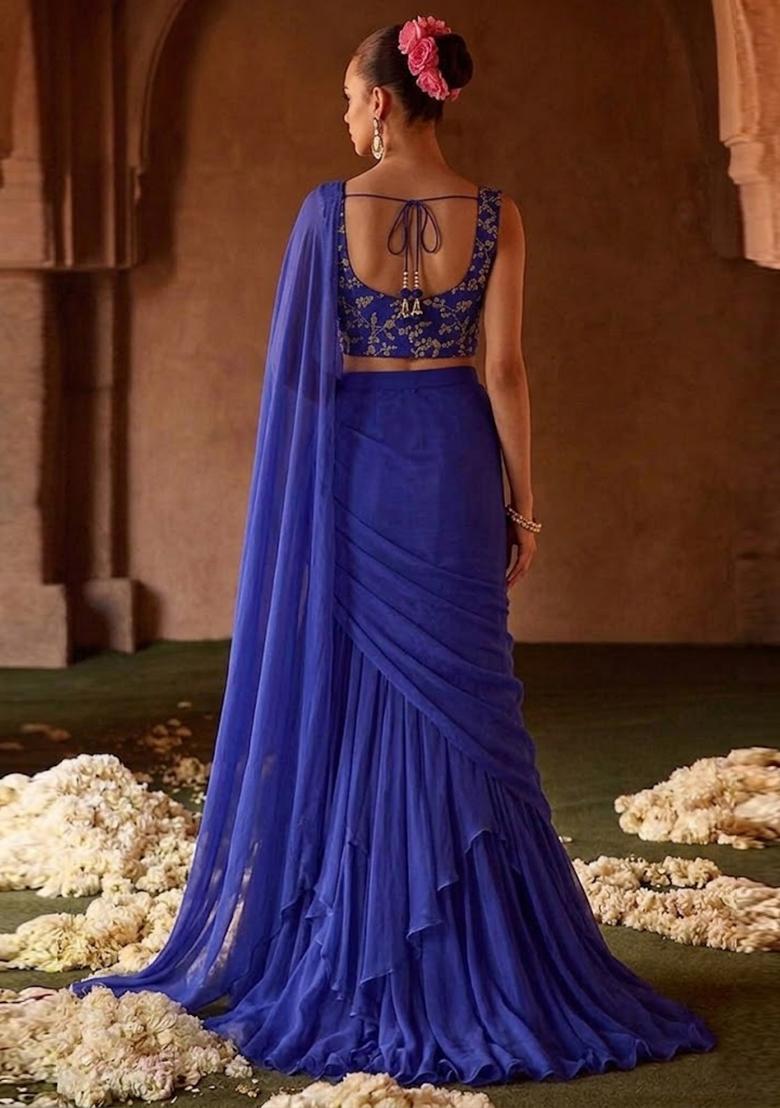 Navy Blue Embroidered Crepe Pre Draped Saree Set - Indya