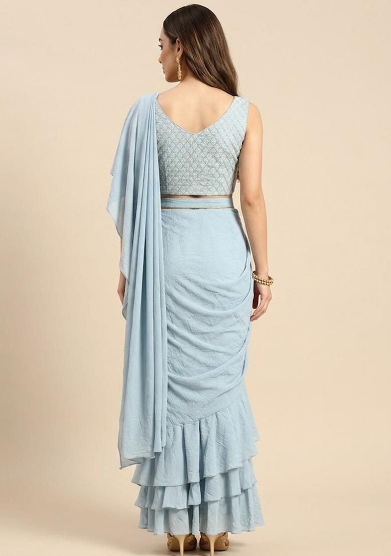 Blue Silk Blend Pre Draped Saree Set - Indya