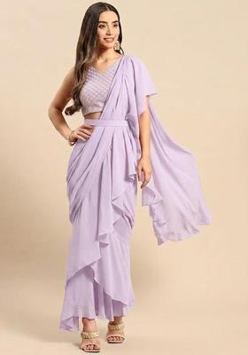 Lavender Silk Blend Pre Draped Saree Set
