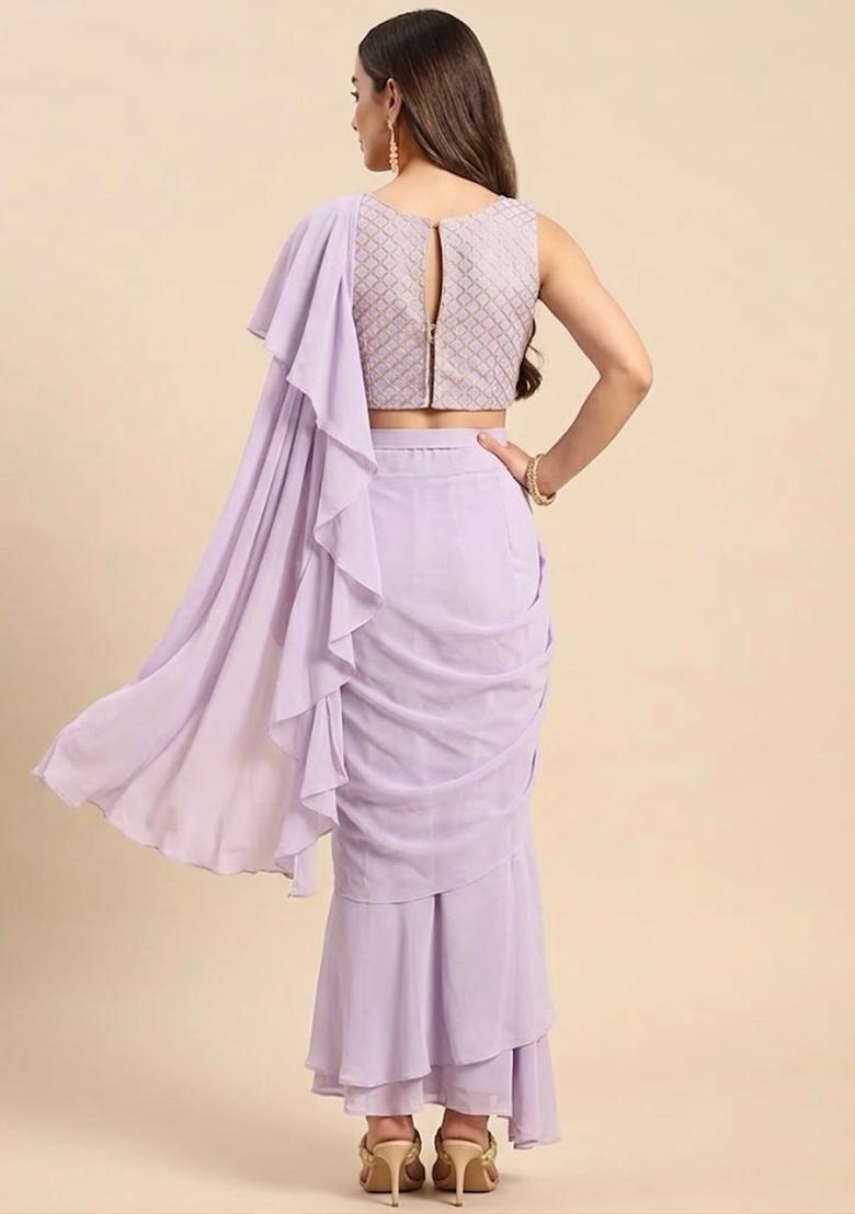 Lavender Silk Blend Pre Draped Saree Set - Indya