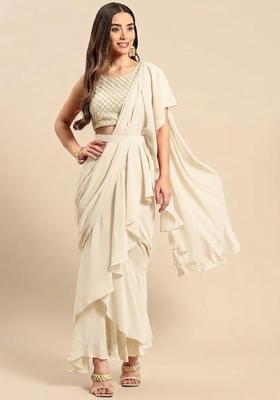 Ivory Silk Blend Pre Draped Saree Set