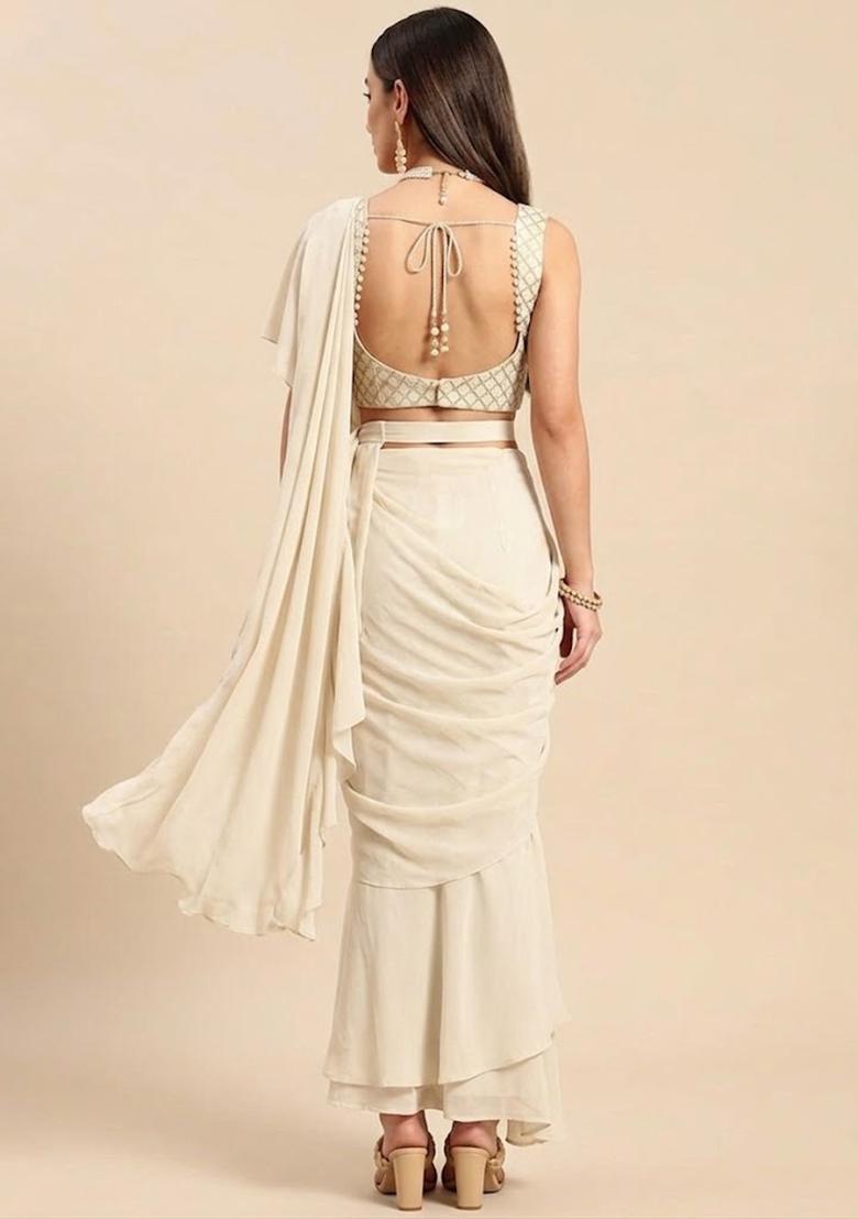 Ivory Silk Blend Pre Draped Saree Set - Indya