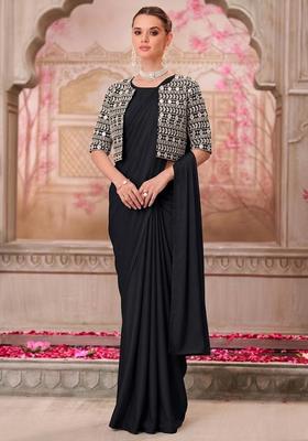Navy Blue Mirror Georgette Pre Draped Saree Set