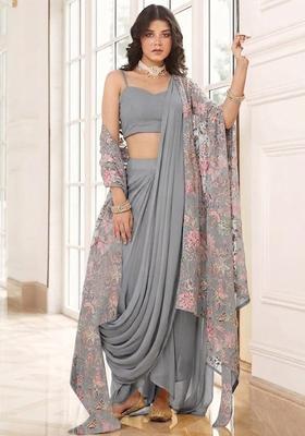 Grey Sequin Crepe Pre Draped Saree Set
