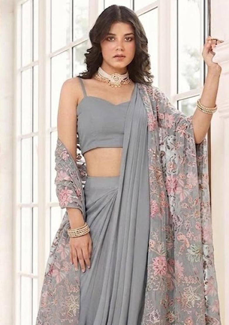 Grey Sequin Crepe Pre Draped Saree Set - Indya