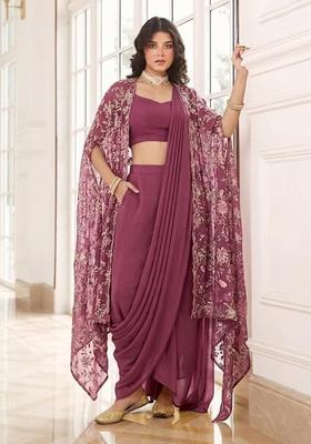 Pink Sequin Crepe Pre Draped Saree Set
